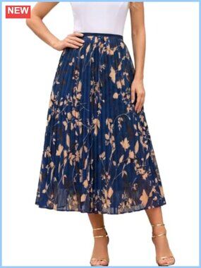 Floral Pleated Midi Skirt High Waist A-Line Women's
